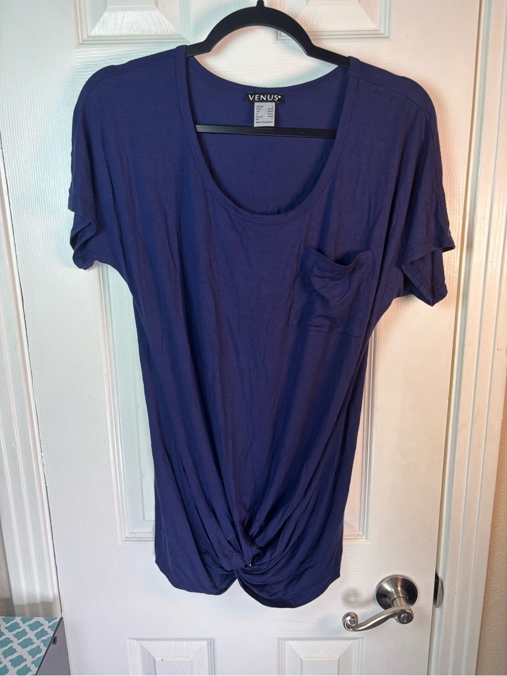VENUS Navy Blue Short Sleeve Twist-Knot Pocket Tee
